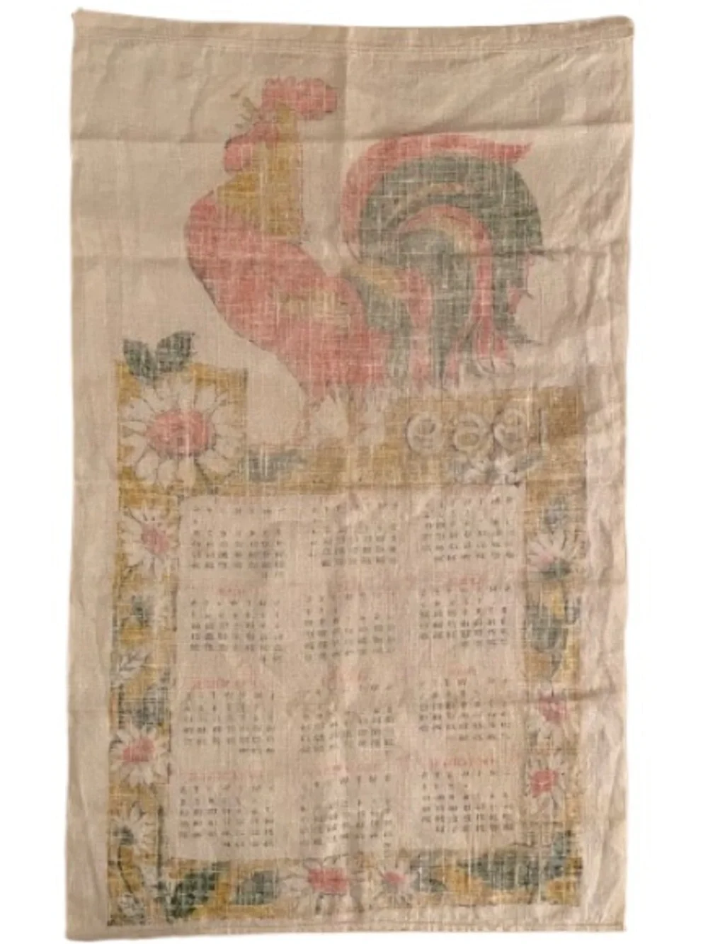 Vintage 1969 Dish Towel Calendar Rooster & Flowers Linen Retro Rustic Farmhouse
